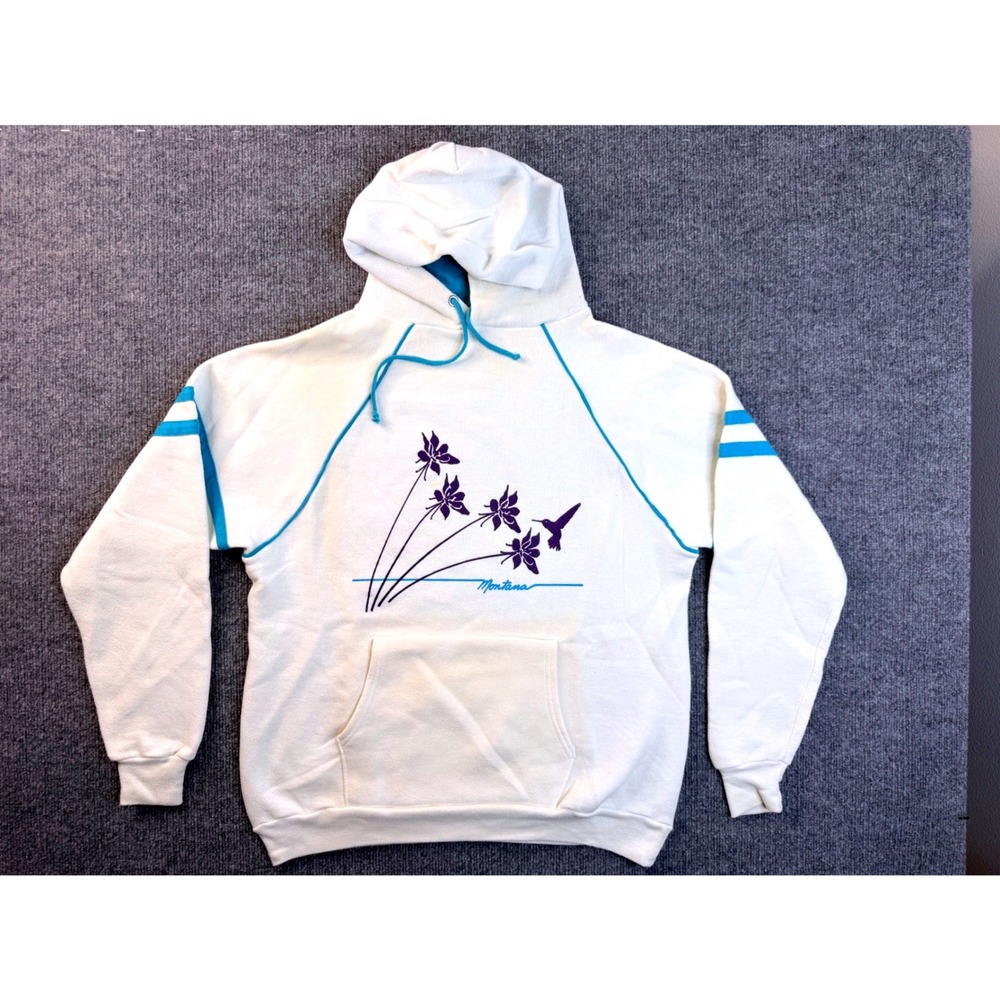Vintage Jerzees Russell Montana Hoodie L Cream Blue Hummingbird USA Made 90s